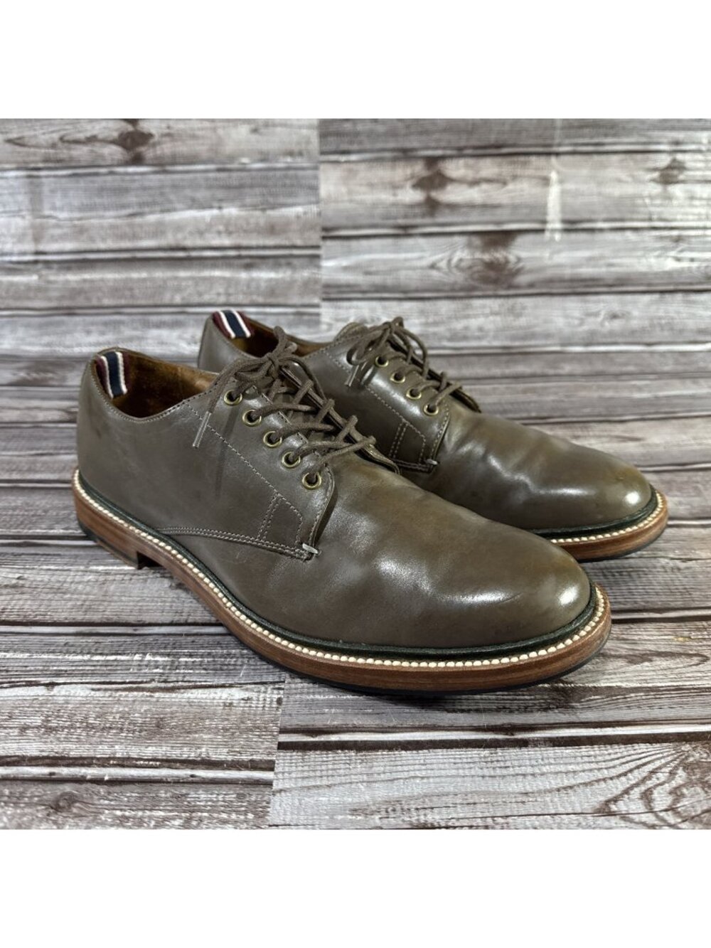 JCrew Oar Stripe Italian Leather Derbys Shoes Size 7.5 Color Olive Green $298